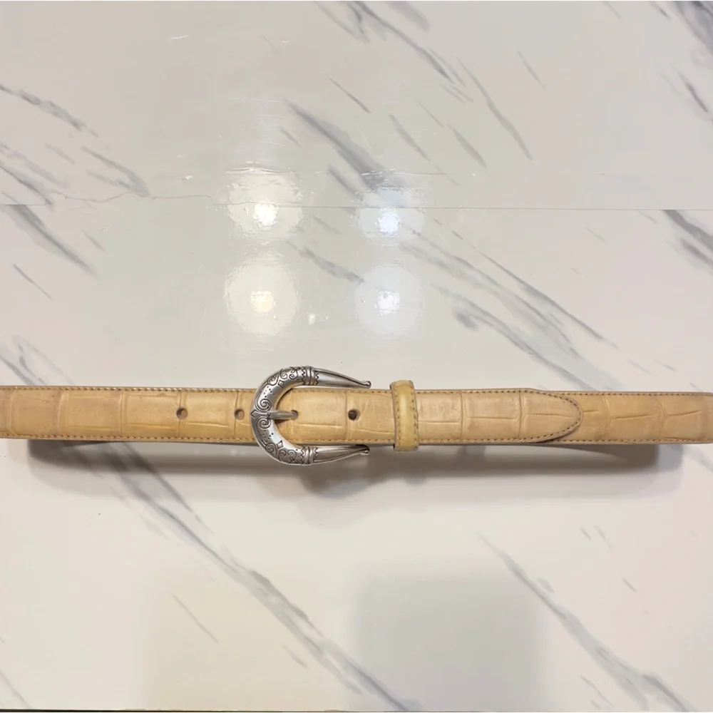 BRIGHTON | Silver Plated Buckle Tan Gold Croc Embossed Leather Belt Made In USA